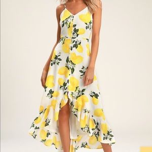 Lulus Afternoon Air Yellow Lemon Print High Low Midi Dress